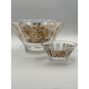 Vintage Anchor Hocking Chip Dip Bowl Set Fleur De Lis Gold White MCM 1960s Glass
